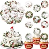 Fyeoxle 36PCS Edible Merry Christmas Cupcake Toppers Wafer Paper Holly Jolly Cupcake Toppers Holly Leaves Berry Cake Picks for Christmas Theme Party Baby Shower Birthday Supplies