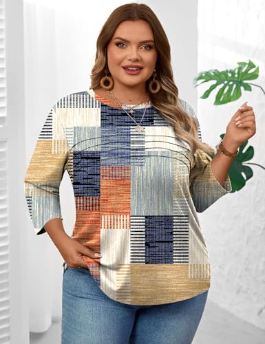 LOMON Plus Size Women Blouses 3/4 Length Sleeve Tops Crewneck Pleated Casual Tees Shirts 1X-5X3
