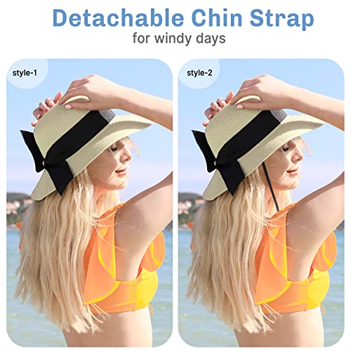 Image of Beach Sun Straw Hats for Women, UPF 50+ UV Sun Protection Wide Brim Summer Straw Hat Foldable Packable Roll up Cap