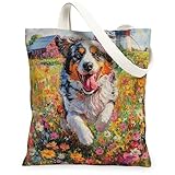 Frühlings-Einkaufstasche aus Segeltuch mit australischem Schäferhund, 33 x 38 cm, Landgarten-Welpe, wiederverwendbar, Lebensmittel-Druckmuster für Frauen, lustige Blume, Haustier, Strand, ästhetische
