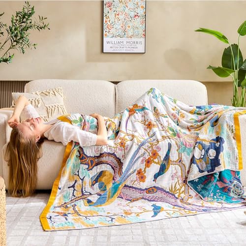 Image of XIBLC Fall Throw Blanket for Couch, Yellow Boho Decorative Throw Blanket, 100% Cotton Muslin Breathable Woven Farmhouse Blankets Quilt, 50 inchx60 inch Reversible Lightweight Blankets Bohemian Throw Quilt