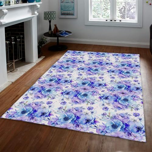 Tapis personnalisé lavable pour table basse fleurs bleu violet 90x150 - 3