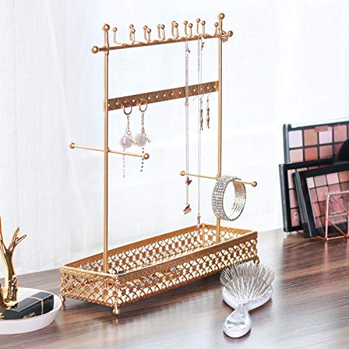 Yamfurvo Metal Jewelry Display Stand with Tray for Necklace, Earring, Bracelet, Watch, Gold (4 Tier Lace Tray) - Image 6