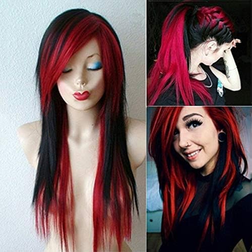 Qnbiar Long Red Black Wig Silky Straight Synthetic Heat Resistant Side Bangs Halloween Costume Hair Wigs for Women