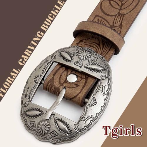 Tgirls Brown Western Belts for Women Vintage Leather Belt with Buckle Cowgirls Belt for Jeans3