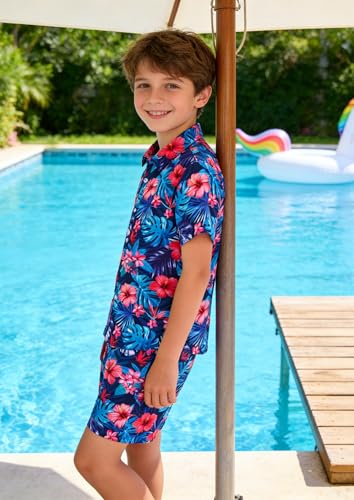 Image of UNICOMIDEA Boys Hawaiian Outfits Tropical Print Button Down Shirt + Swim Trunks 2 Piece Sets for 5-12T Kids
