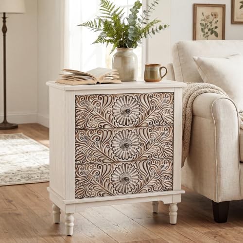 Image of HOMPUS Nightstands Set of 2, White Nightstand with 3 Storage Drawers, Night Stand w Flower Pattern, Bedside Table Set of 2, Accent Table for Bedroom, Apartment, Light Grey Grain