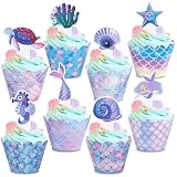 Confezione da 48 topper per cupcake a forma di sirena, glitterati, tartaruga, corallo, cavalluccio marino, animale, per compleanno, baby shower, estate sotto il mare, polipo, coda di sirena,