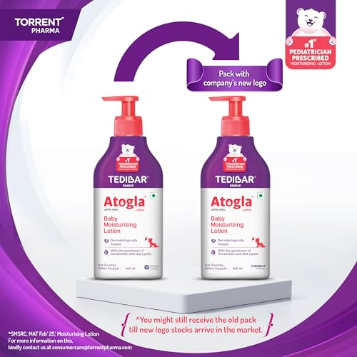 Image of Atogla Baby Lotion 400ml from Tedibar Family with goodness of ceramides and oat lipids | No. 1* Pediatrician prescribed Moisturising Lotion- By Torrent Pharma (Pack of 4)