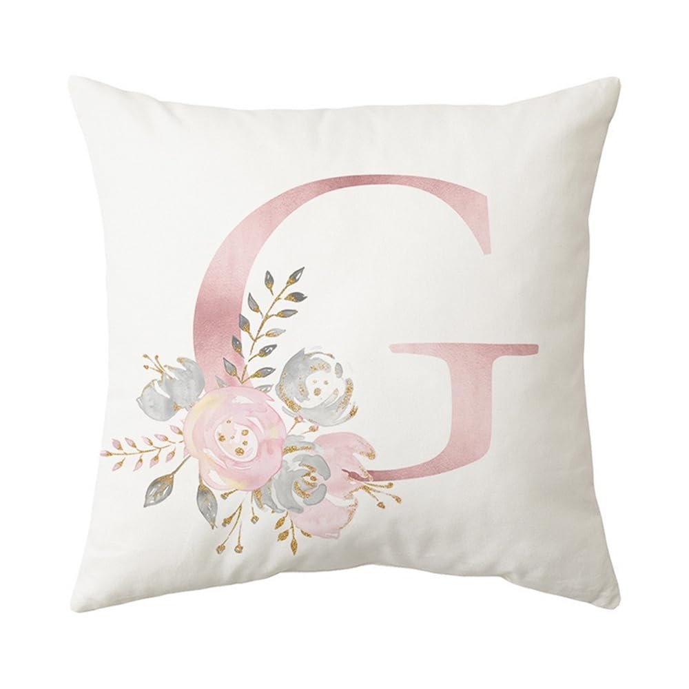 PRK 14 White Cushion Covers - Letter G Pillow Case, Cute Floral Alphabet Decorative Throw Square Protectors for Sofa, Couch, Bedroom, Chair - 45cm x 45cm