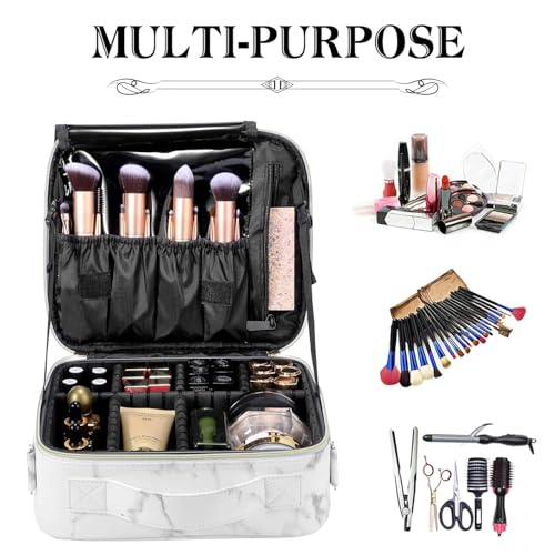Image of SHAMAX Professional Makeup Case Organizer Bag for Women, Travel Cosmetic Kit Vanity Box with Adjustable Dividers, Portable Beauty Makeup Organiser & Cosmetic Travel Pouch | (White Marble)