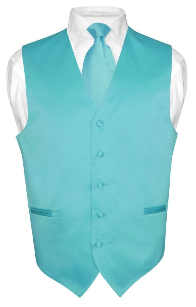 Vesuvio NapoliMen's Dress Vest & NeckTie Solid TURQUOISE AQUA BLUE Neck Tie Set for Suit Tux