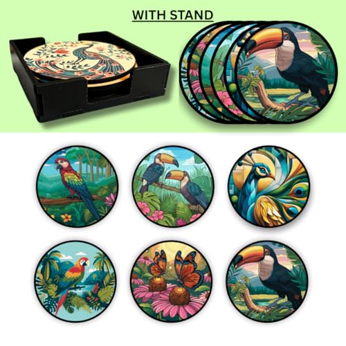 Image of Zesta Coasters for Cups Set of 6 / Wooden Coasters for Bar Accessories for Home /Tea Coaster Set of 6 / Waterproof Dining Table Decor Glass Cover (Birds, Circle)