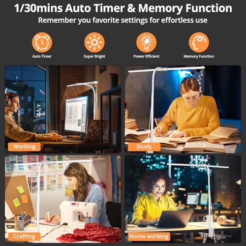 Image of Woputne Desk Lamp with Clamp, with 5V 2A Adapter, LED Desk Lamp with Dual Head, 50 Light Modes, Computer Monitor Flexible Neck Lamp, Eye Protection Desk Lamps for Study, Office, Crafts, Draw(White)