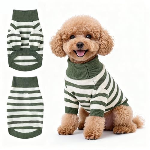 Image of Small Dog Sweater, Knitted Striped Pullover Dog Clothes, Indoor Cozy Stretchy Pajamas for Chihuahua, Bulldog, Dachshund, Pug(Green&White Strip, M)