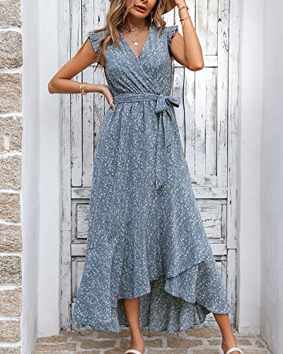 Btfbm Women Summer Dresses 2023 Ruffle Cap Sleeve V Neck Belt Wrap Split Boho Floral Long Casual Party Beach Maxi Dress(Floral Blue, X-Large) #TOP2
