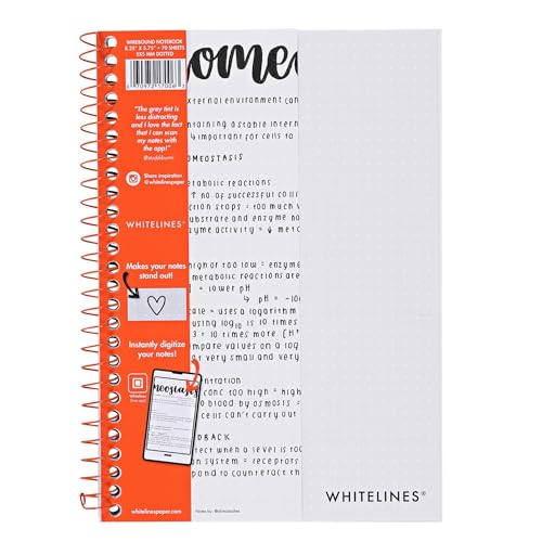 ROARING SPRING Whitelines Spiral Bound Journal, Dot Ruled, 70 Sheets, 8.25" x 5.75", FREE App to Digitally Download Your Notes