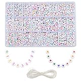 ✔【Paket enthält】: 2220 Stück (60 Stück für jede Type mit Buchstaben, Zahlen, Herz Muster) Buchstaben Perlen A-Z + Zahlenperlen 0-9 + Herzen Perlen + 10m Elastisch Schmuckfaden( Ø 0.7mm)