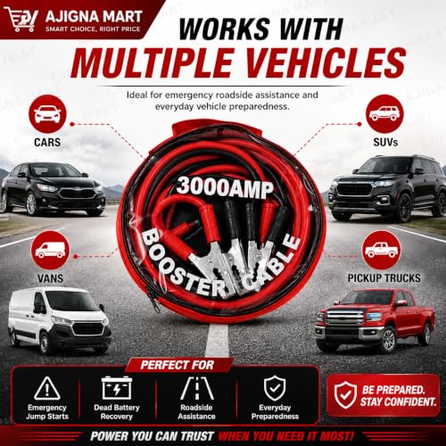 Image of AJIGNA MART 3000 AMP Heavy Duty Car Battery Booster Jumper Cable | Thick Gauge Jump Start Cables with Insulated Alligator Clamps | Emergency Battery Booster for Cars, SUVs, Vans & Trucks