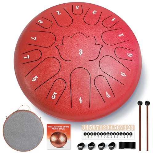 Red Steel Drum - 15 Note 12 Inch Steel Tongue Drum - Handpan Drum Music Book, Rain Drums Mallet, and...