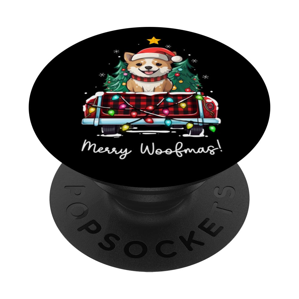 Korean Jindo Christmas Dog Truck Plaid Funny Xmas Tree PopSockets Swappable PopGrip, Black