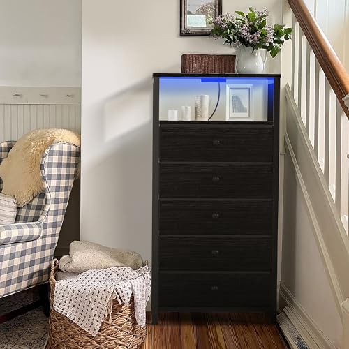 Image of BOLUO Black Dresser with 5 Drawers Tall Nightstand with Charging Station and LED Light, Bedside Table Room Storage Drawers Closet