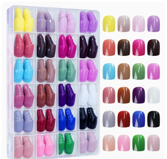 576 Pieces(24 Colors) Long False Nails Round Fake Nail Full Cover Artificial Acrylic Nails Tips Press on Nails for Women Girls DIY Nail Art Design (Short Square False Nails