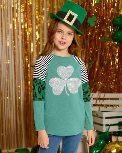 Image of BesserBay Girls St Patrick's Day Raglan Shirt Irish Sequin Lucky Stripe Shamrock Graphic Top 4-14 Years