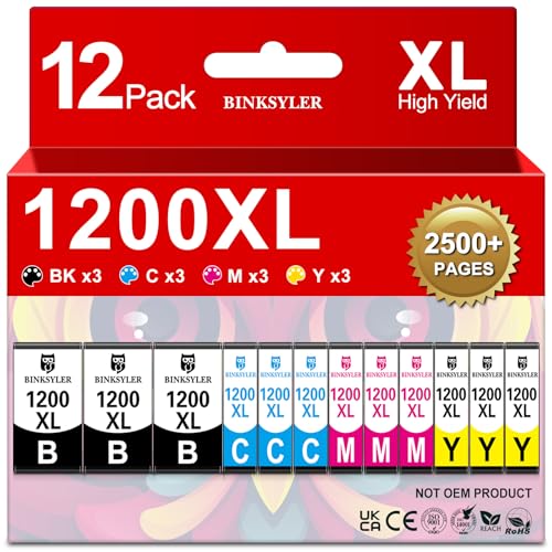BINKSYLER 12-Pack Maxify 1200XL Ink Cartridges for Canon PGI-1200XL PGI-1200 XL PGI 1200 XL Ink Work for Canon Maxify MB2720 MB2050 MB2350 MB2320 MB2020 MB2120 Printer (3BK 3C 3M 3Y)