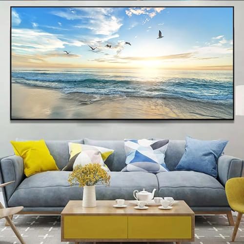 Affiche océan et plage au lever du soleil pour salon moderne cadre noir 50x95cm