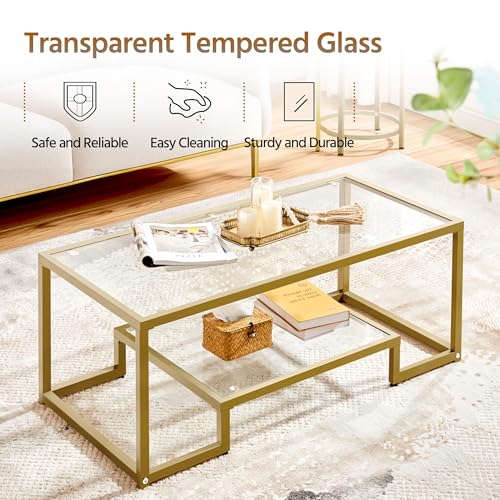 Yaheetech Modern Coffee Table with Tempered Glass Top and Open Storage Shelf, 2-Layer Design for Living Room/Office, Adjustable Feet, Mustard Gold - Image 5