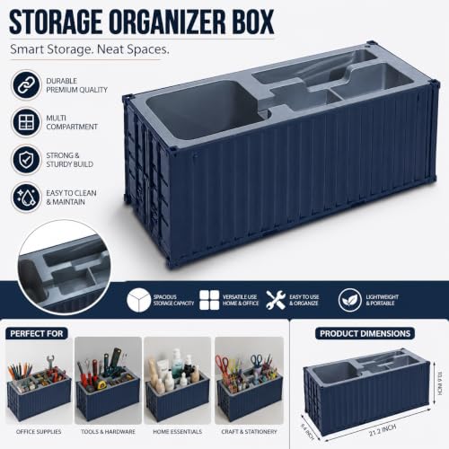 Image of Desk Organizer Office Supplies Multi Function Shipping Container Style Storage Box Pen Pencil Business Card and Remote Control Holder for Office and Home DARK BLUE 4 Section