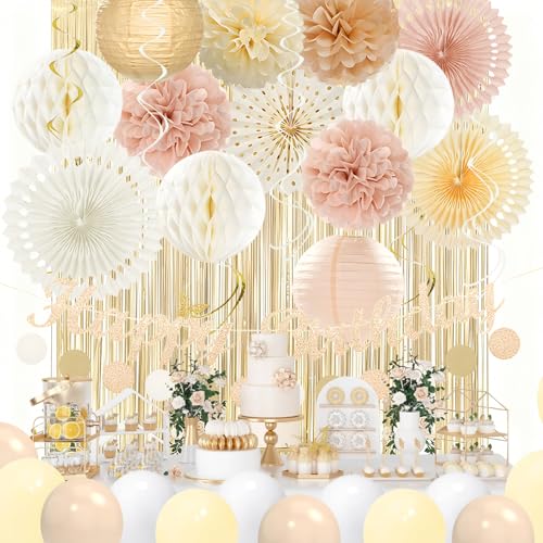Image of Champagne-Gold Birthday Decorations for Women Girls,Pre-Strung Happy Birthday Banner,Boho Peach Pink Paper Lanterns Tissue Pom Poms Fan,Cream White Balloons,Girl Woman Party Backdrop Supplies