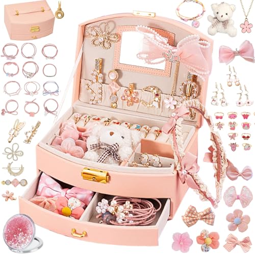 velachuan Princess Jewelry Box for Girls with Hair Accessories Girls Hair Clips Bows Set Fashion Hair Styling Kit with Mirror Pink Sparkle Trinket Box Includes Hair Clips