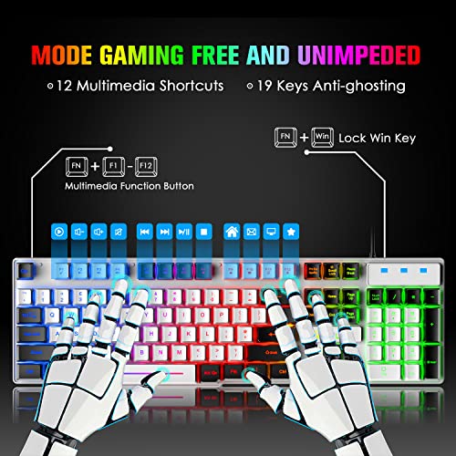 Gaming-Tastatur-Maus und Mauspad, UK-Layout, 104 Tasten, Regenbogen-LED-Hintergrundbeleuchtung, 19 Tasten, konfliktfrei, verstellbare 2400 DPI Maus, für PC, PS3, PS4, PS5, Mac, Xbox, Desktop, Weiß - Image 4
