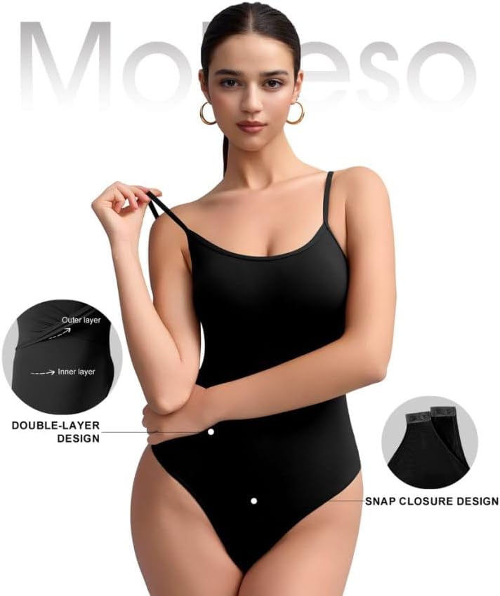 Women's Cami Thong Bodysuit Double-Lined Sleeveless Backless Body Suit Sexy Spaghetti Strap Tank Top - Image 4