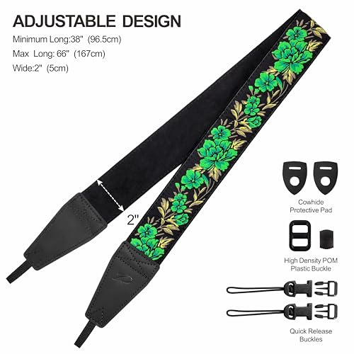 Image of Padwa Lifestyle Green Rose Camera Strap - 2 inch Full Grain Leather Ends Camera Straps for Photographers, Vintage Embroidered Cotton Soft Suede Fabric Padded Strap Quick Release fits All Cameras