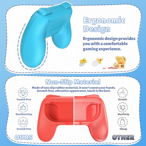 FASTSNAIL Grips Compatible with Nintendo Switch JoyCon&Switch OLED Model, Wear-resistant Handle Kit Gamepad Replacement for Nintendo Switch Joy Cons &Switch OLED Model for Controller(Red&Blue) - Image 2