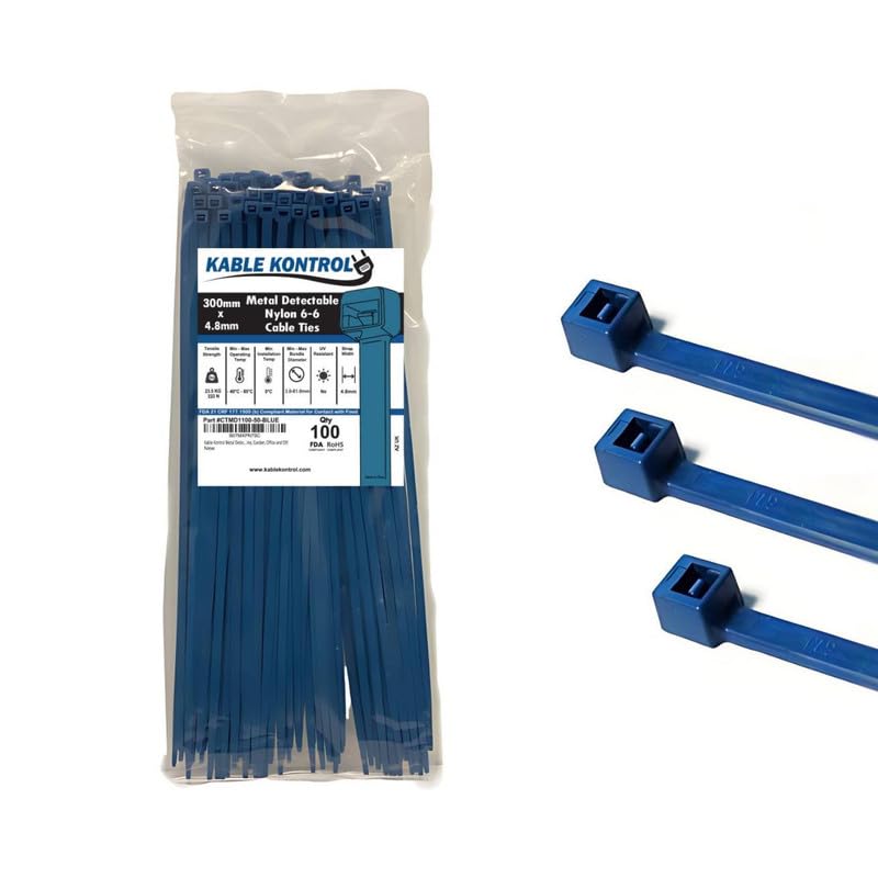 Kable Kontrol Metal Detectable Blue Zip Ties 100 Pcs 11 Inch, 50 Lbs Tensile Strength, Iron Infused Self-Locking Industrial Cable Ties