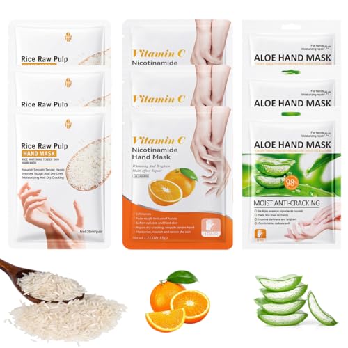 PQUELM 9 Pezzi Maschera Idratante per le Mani,5 in 1 Nutrire,Esfoliante, Rassodante, Sbiancante - Per Mani Secche e Screpolate, 3 Gusti, Unisex