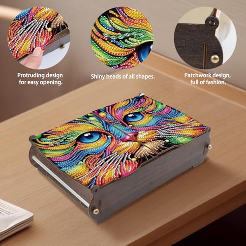 Image of MVVMTOP Diamond Painting Kit Wooden Storage Box, Colorful cat DIY Special Shaped Diamond Flip Cover Wooden Money Box, Handmade Art Desktop Decorations Birthday Gifts for Friends