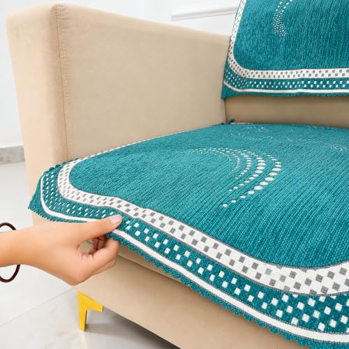 Image of Homerz Premium Chenille Fabric Sofa Cover | Soft, Durable & Dustproof | Decorative Couch Cover (Ghoomar Teal, 1 Seater, Seat Cover with Backrest)