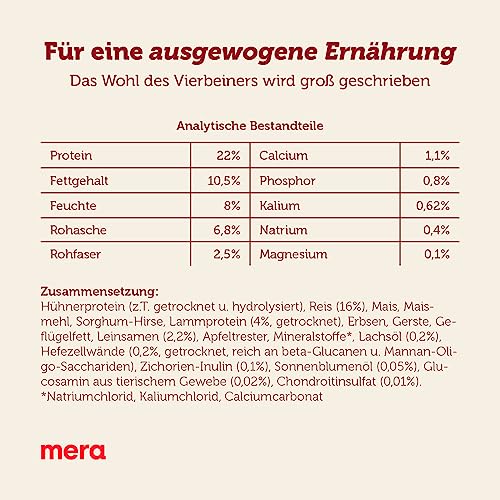 MERA Care Adult mit Lamm & Reis 3x1kg, Hundetrockenfutter für normal aktive Hunde jeder Rasse, mit 66% tierischem Protein, ohne Weizen