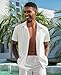 DEMEANOR Mens Linen Short Sleeve Shirt Cuban Guayabera Button Down Casual Summer Beach Vacation Wedding Shirt All White L