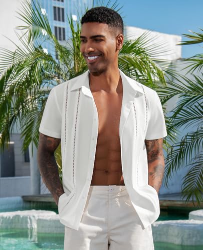 DEMEANOR Mens Linen Short Sleeve Shirt Cuban Guayabera Button Down Casual Summer Beach Vacation Wedding Shirt2