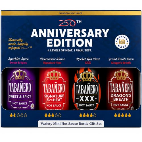 Tabañero 250th Anniversary Mini Hot Sauce Challenge Gift Set – 4 Pack Limited Edition Collection | Sweet &amp; Spicy, Signature Heat, XXX &amp; Dragon's Breath | Made in USA | Vegan &amp; Gluten-Free