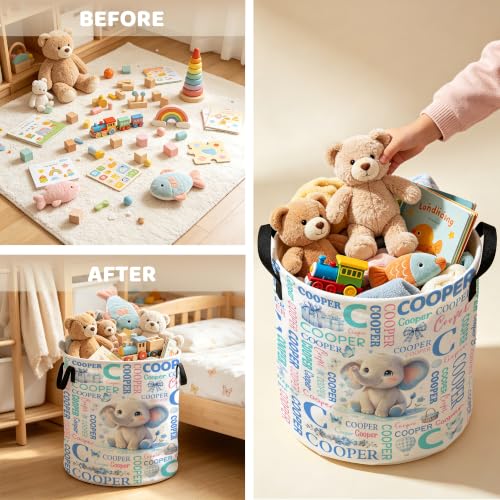 Image of Custom Elephant Laundry Hamper, Personalized Laundry Basket with Name, Customized Dirty Clothes Basket for Clothes Toy Bathroom Bedroom Storage,S-16.5 inchX 13.8 inch