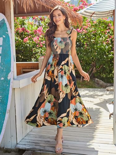 Image of BROVAVE Women Summer Floral Dress: Casual Square Neck Flowy Boho Beach Midi Sundress Sleeveless Tie Shoulder Vacation Daily