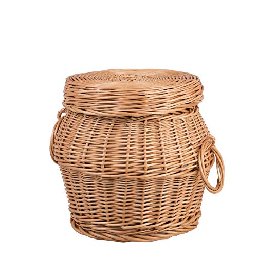e-wicker24 Pouf de rangement, coffre en osier, panier pour la maison, panier rond avec couvercle en osier buff (Ø: 28 H32, Naturel)