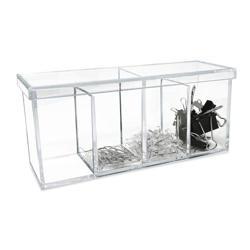 Isaac Jacobs Organizador acrílico transparente de 4 compartimentos con tapa (9 pulgadas de largo x 3 pulgadas de ancho x 4 pulgadas de alto), soporte para brochas de maquillaje, bandeja seccional,